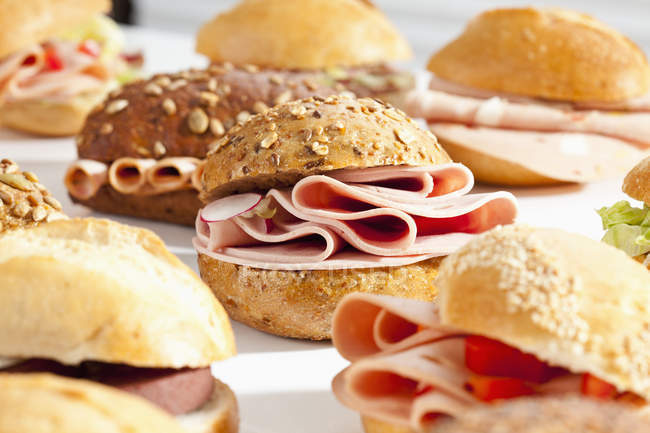 Varietà di panini panini con salumi misti su fondo bianco, da vicino — Foto stock