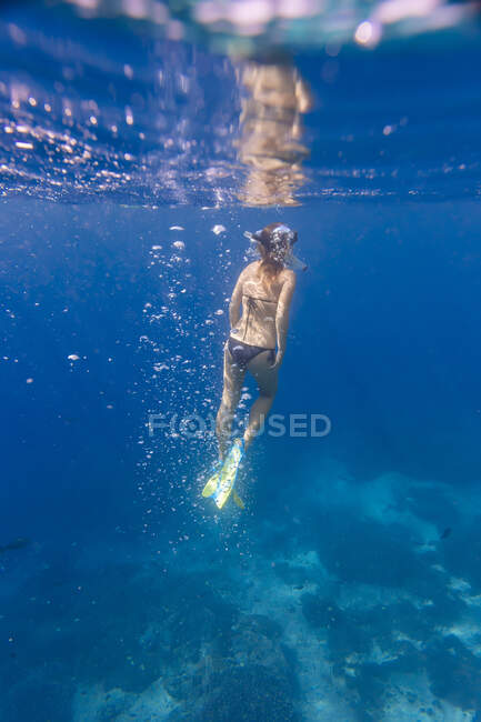 Mujer con aletas y snorkel buceando bajo el agua - foto de stock