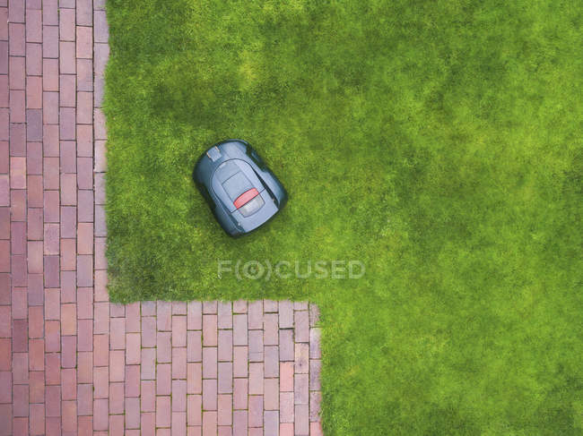 Вид на роботизированную газонокосилку на лугу — стоковое фото