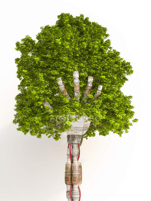 Robot hand holding tree, 3d rendering — Stock Photo