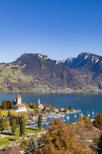 Schweiz, Kanton bern, spiez, thunsee und schloss spiez — Stockfoto