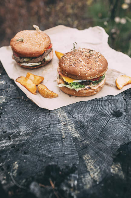 Hamburger freschi sul timbro — Foto stock