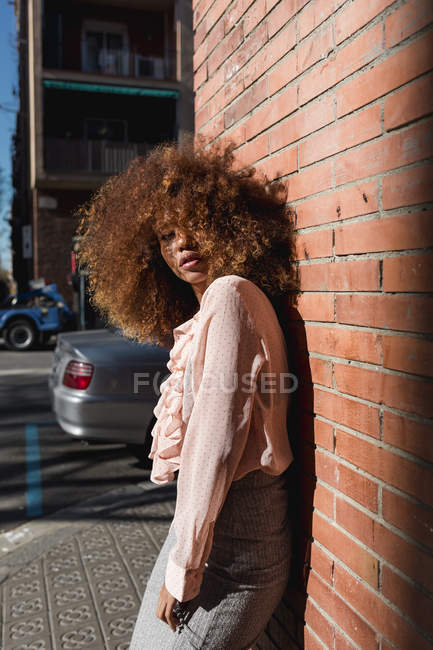 Retrato de una hermosa joven con peinado afro apoyado contra una pared de ladrillo en la ciudad - foto de stock