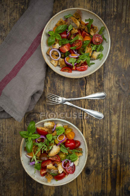 Panzanella à base de ciabatta rôti, fusée, oignons rouges, tomates et basilic — Photo de stock