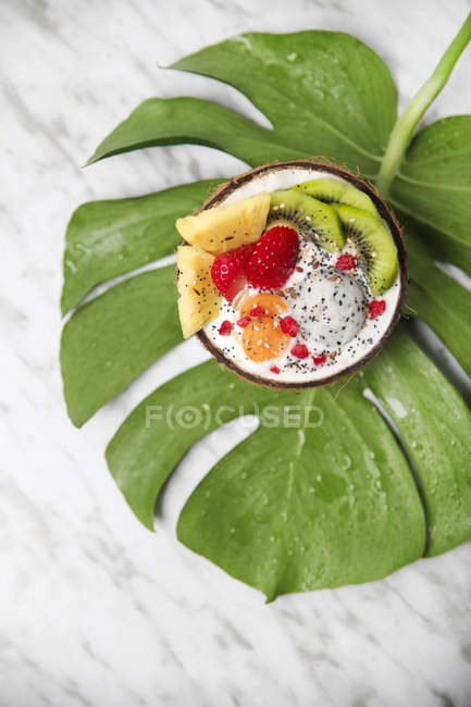 Ciotola di cocco con vari frutti, yogurt naturale e semi in foglia — Foto stock
