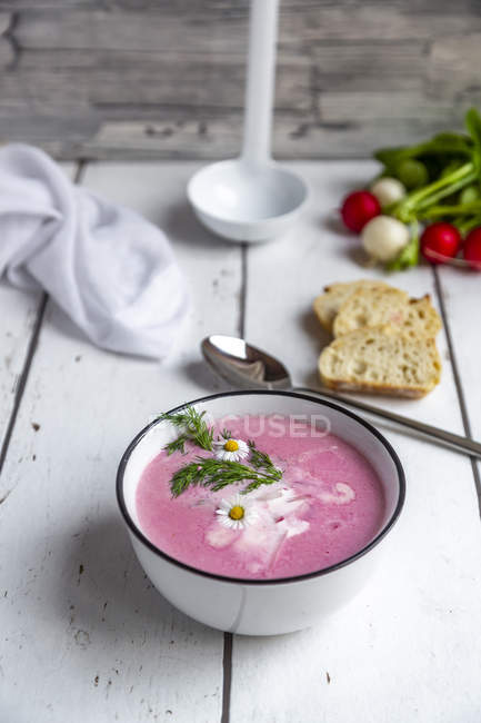 Radish soup with baguette — Stock Photo