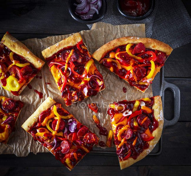 Chorizo Pizza with bell pepper and onions — Stock Photo