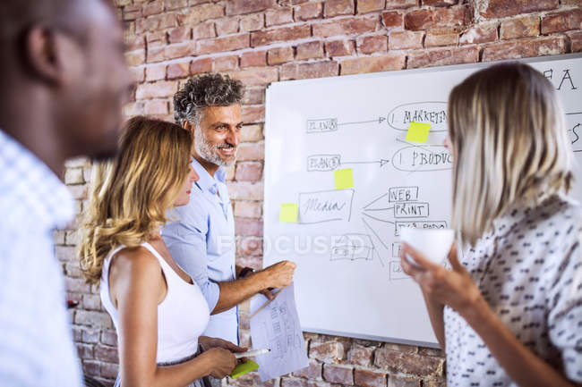 Geschäftsteam arbeitet gemeinsam an Whiteboard an Backsteinmauer im Büro — Stockfoto