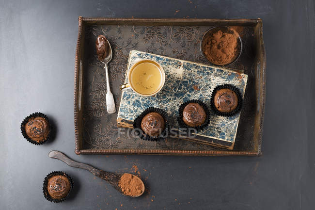 Pequeños cupcakes con crema de chocolate y cacao en polvo - foto de stock