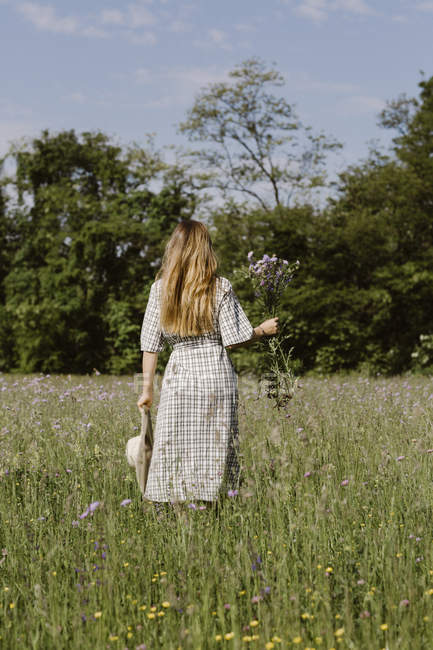 Itália, Veneto, Jovem mulher arrancando flores e ervas no campo — Fotografia de Stock