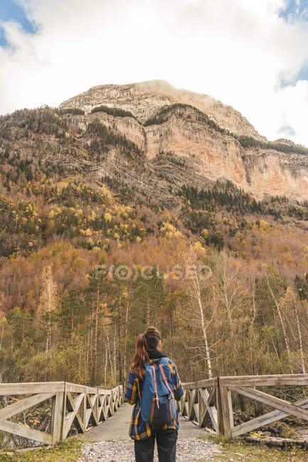 Spain, Ordesa and Monte Perdido National Park, back view of woman with backpack восени — стокове фото