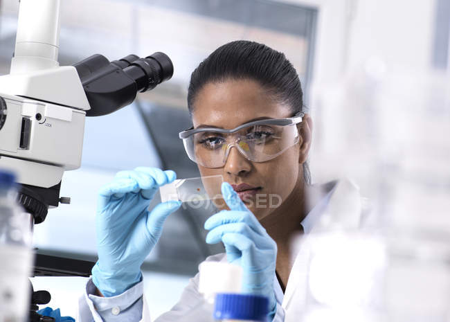 Female scientist examining a human sample on a microscope slide — Stock Photo