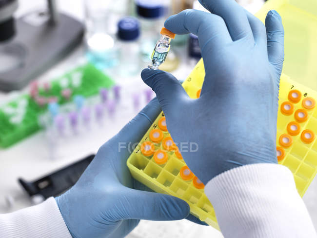 Research experiment, scientist preparing sample into vials for analysis — Stock Photo