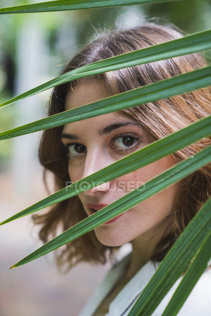 Mujer joven mirando a través de la hoja de palma, retrato - foto de stock