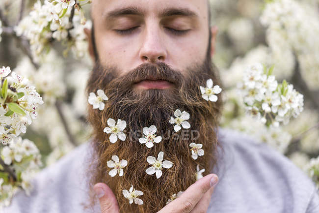 Retrato de hipster con flores de árbol blanco en su barba — 20 30 años,  Cabeza y hombros - Stock Photo | #268322890