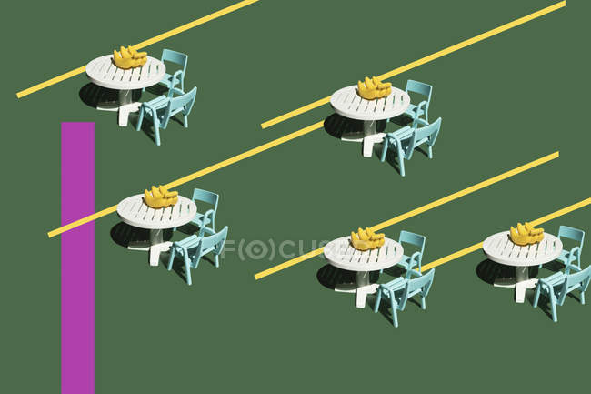 Representación 3D, mesas y plátanos, miniatura, repetición - foto de stock