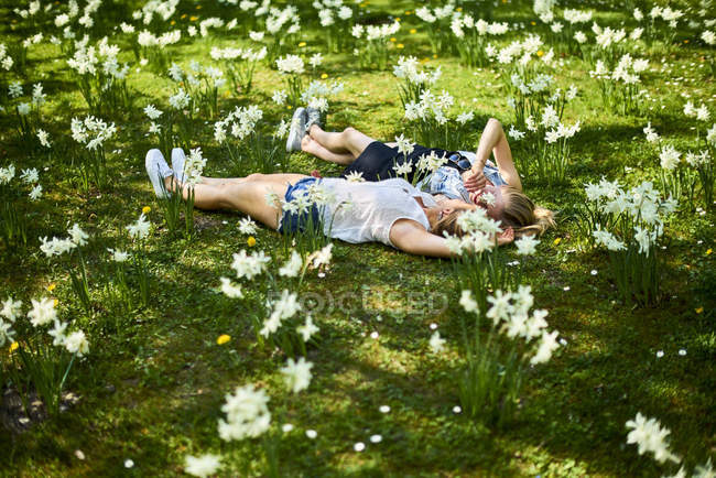 Deux amis se détendre sur la prairie de fleurs — Photo de stock