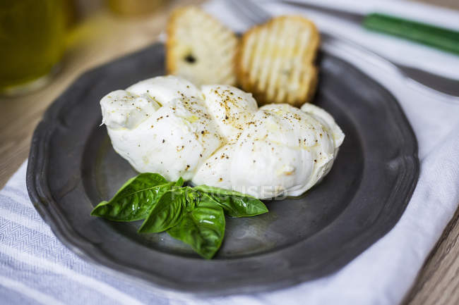 Treccia di mozzarella, basilico e pane sul piatto — Foto stock
