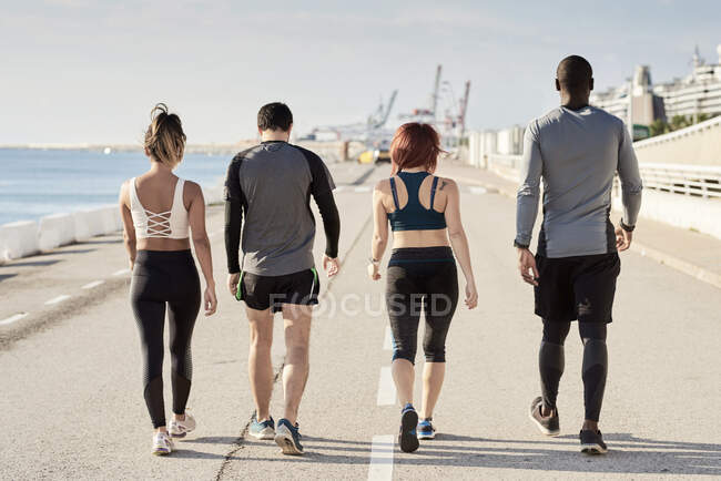 Group of sportspeople walking, rear view — Stock Photo