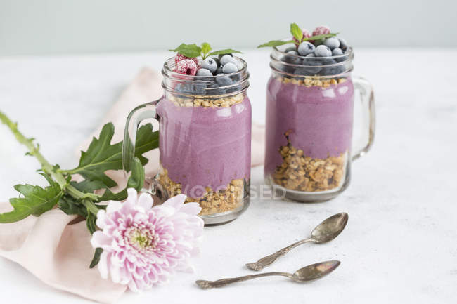 Dos vasos de yogur con granola de maní, polvo de aronia y cobertura de avellanas picadas y bayas congeladas - foto de stock