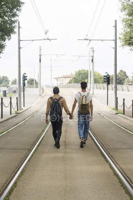 Visão traseira do jovem casal gay com mochilas andando de mãos dadas entre faixas na estrada — Fotografia de Stock