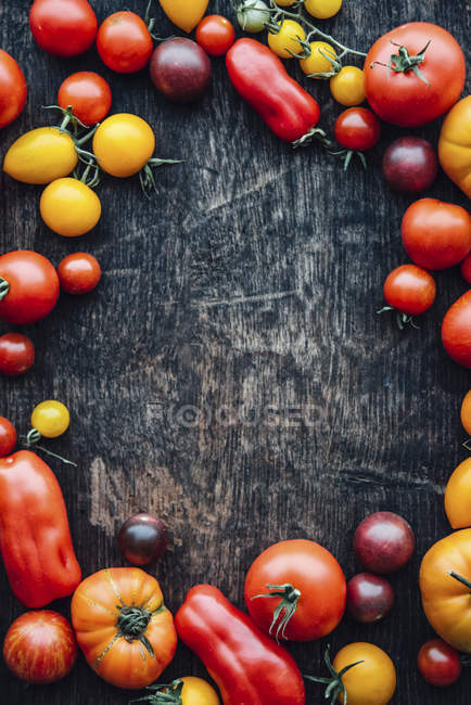 Different sorts of tomatoes on woodden background, copy space — Stock Photo