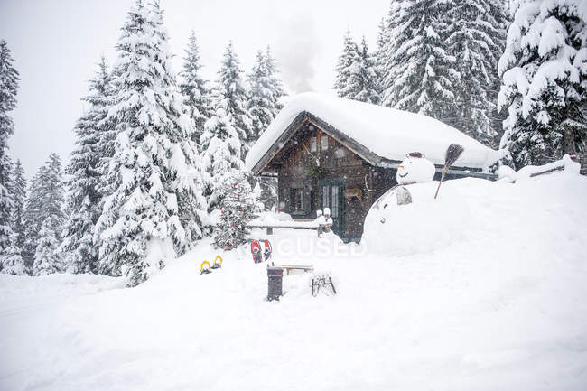Austria, Altenmarkt-Zauchensee, pupazzo di neve, slitte e albero di Natale a casa di legno in neve — Foto stock
