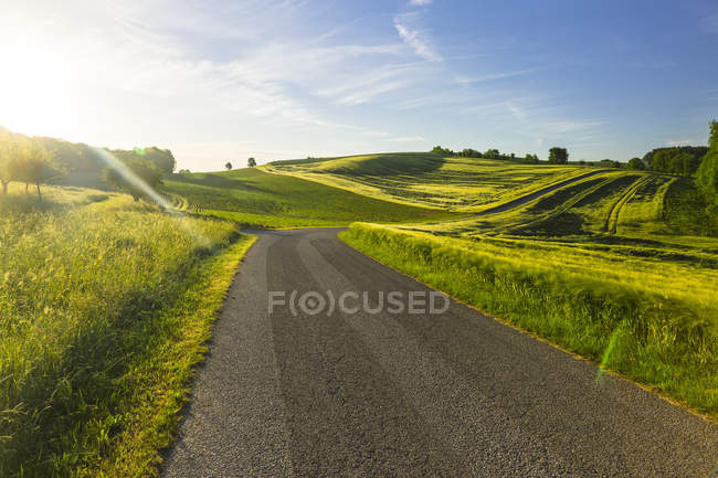 Austria, Innviertel, strada di campagna vuota e campi contro il sole — Foto stock