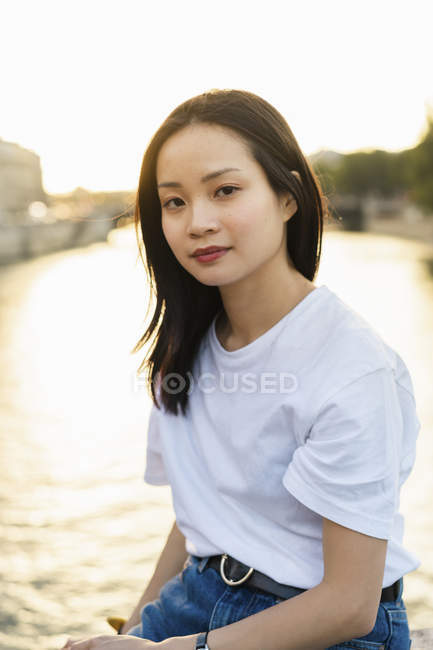 France Paris Portrait Of Young Woman At River Seine At Sunset — Young