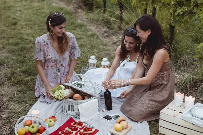 Amici che fanno un picnic estivo in vigna — Foto stock