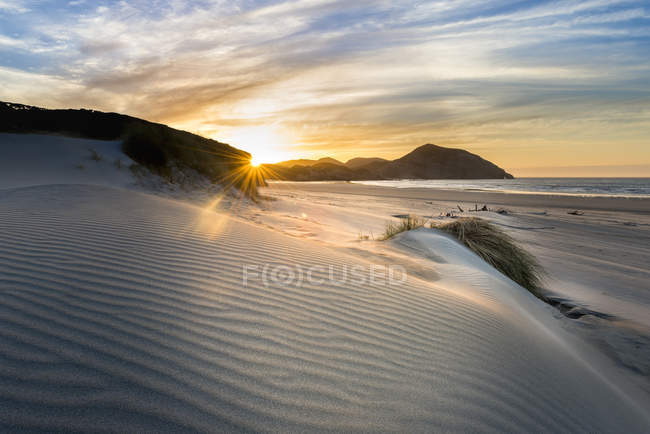 Nuova Zelanda, Isola del Sud, Puponga, Wharariki Beach, dune al tramonto — Foto stock