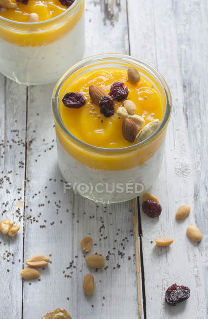 Glass of natural yoghurt with chia, mango mush garnished with almonds, peanuts, walnuts and cranberries — Stock Photo