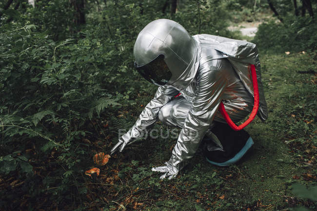 Spaceman explorer la nature, examiner les plantes dans la forêt — Photo de stock