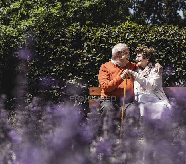 Senior couple sitting on bench in a park, falling in love — Stock Photo