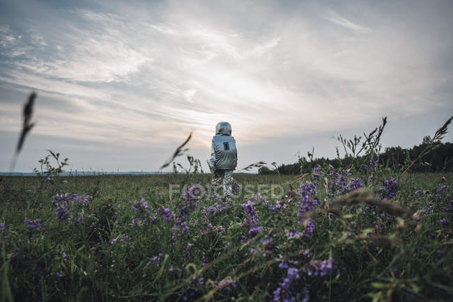 Spaceman explorando la naturaleza, de pie en el prado floreciente, mirando al cielo - foto de stock