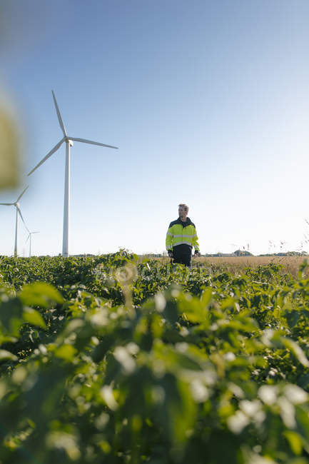 Інженер, що стоїть у полі на вітроелектростанції — стокове фото