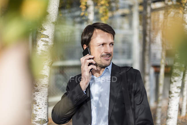 Портрет бизнесмена под деревьями, используя смартфон — стоковое фото