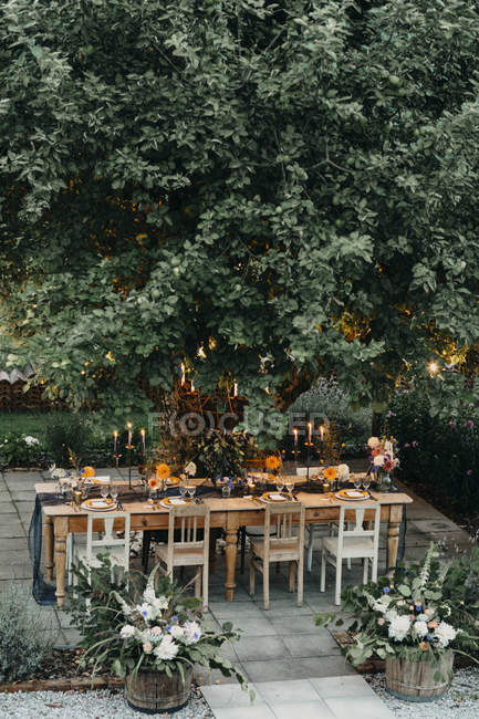 La mesa de fiesta puesta con las velas bajo el árbol - foto de stock