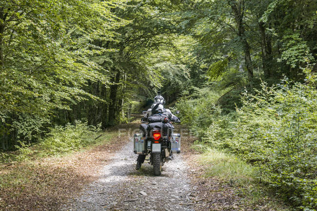 Father and son on a motorbike trip on a forest track — Stock Photo