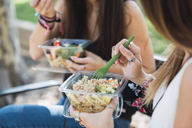 Дівчата сидять в парку і їдять салат. — стокове фото