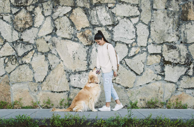 Молодая женщина с золотой ретривер-собакой у каменной стены — стоковое фото
