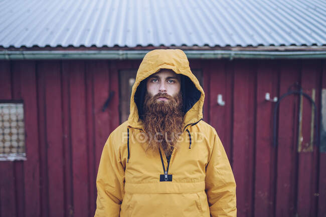 Suecia, Laponia, retrato de un hombre serio con barba entera con rotura amarilla de viento. - foto de stock