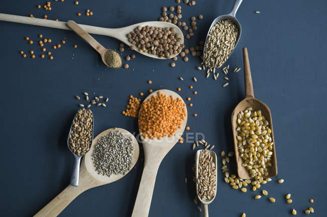Red lentils, brown lentils, amarant, wheat, spelt wheat and corn on spoons — Stock Photo