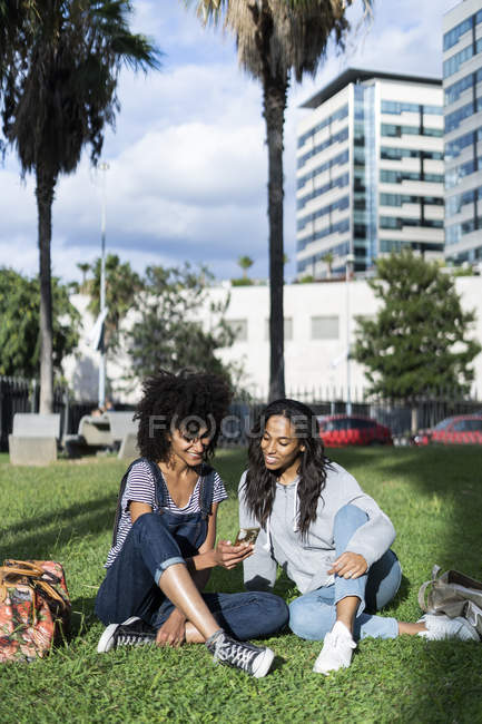 Novia sentada en el parque, divirtiéndose, usando smartphone - foto de stock