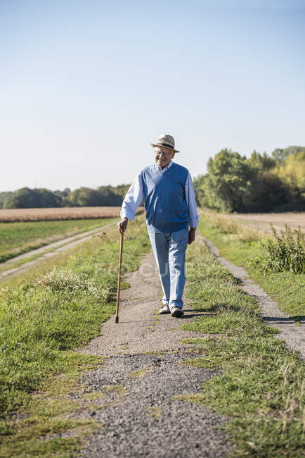 Homem sênior com uma bengala, andando nos campos — Fotografia de Stock