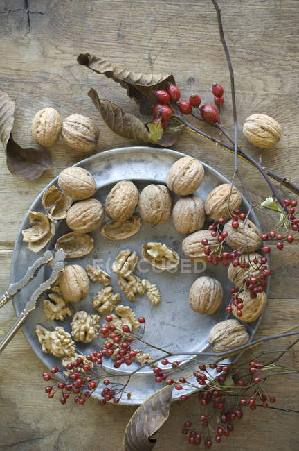 Whole and cracked organic walnuts, roseships and nutcracker on tin plate — Stock Photo