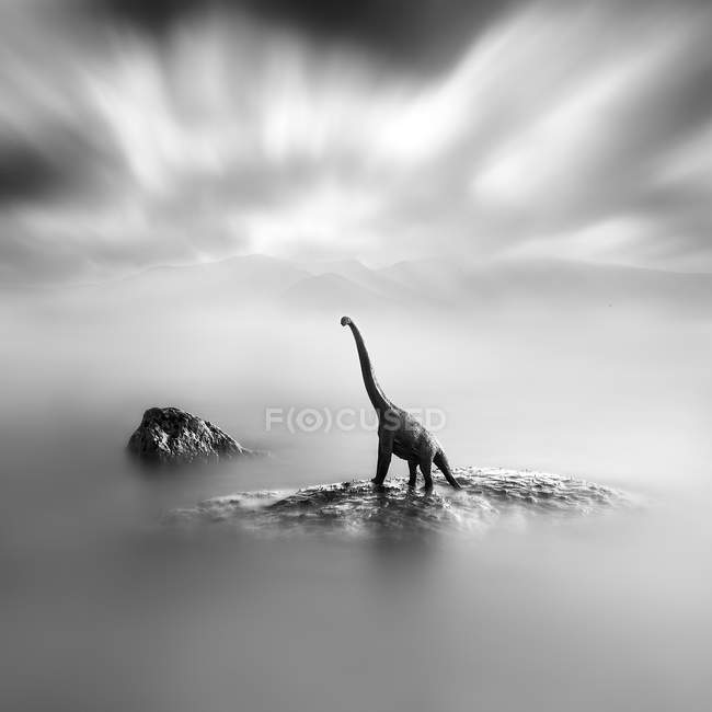 Un dinosaurio de juguete en una piedra, blanco y negro, larga exposición — Stock Photo