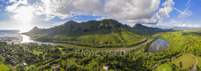 USA, Hawaii, Kauai, Menehune Fishpond, Huleia Steam, Huleila Valley and Nawiliwili Bay, Aerial View — Stock Photo