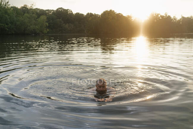 Старший чоловік плаває в озері на заході сонця. — стокове фото