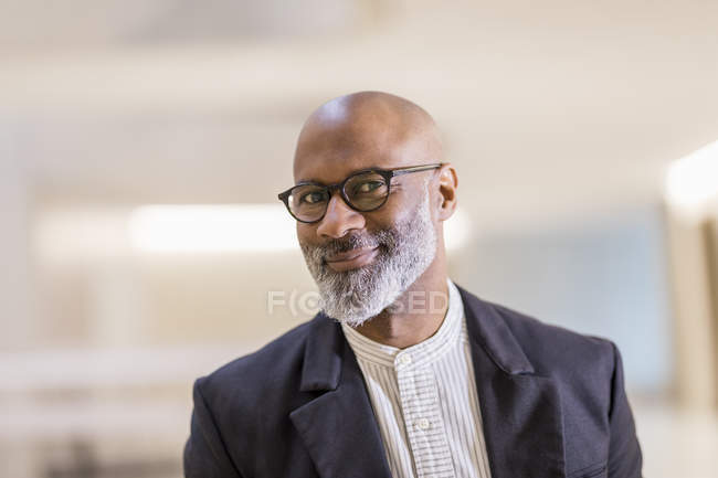 Porträt eines glatzköpfigen Geschäftsmannes mit grauem Bart und Brille — Stockfoto